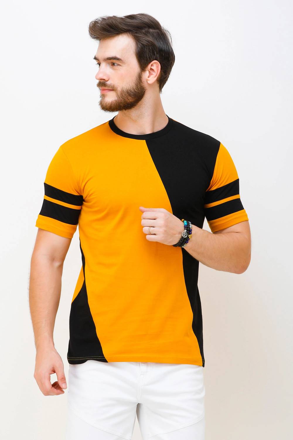 Wrath Men Colorblock Round Neck Pure Cotton Black, Yellow T-Shirt