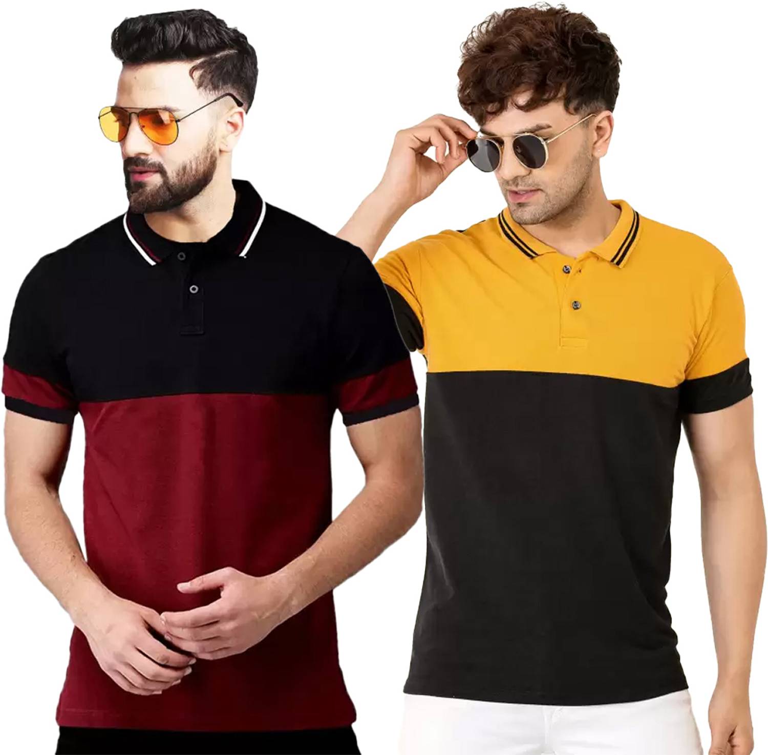 Leotude Men Colorblock Polo Neck Cotton Blend Multicolor T-Shirt