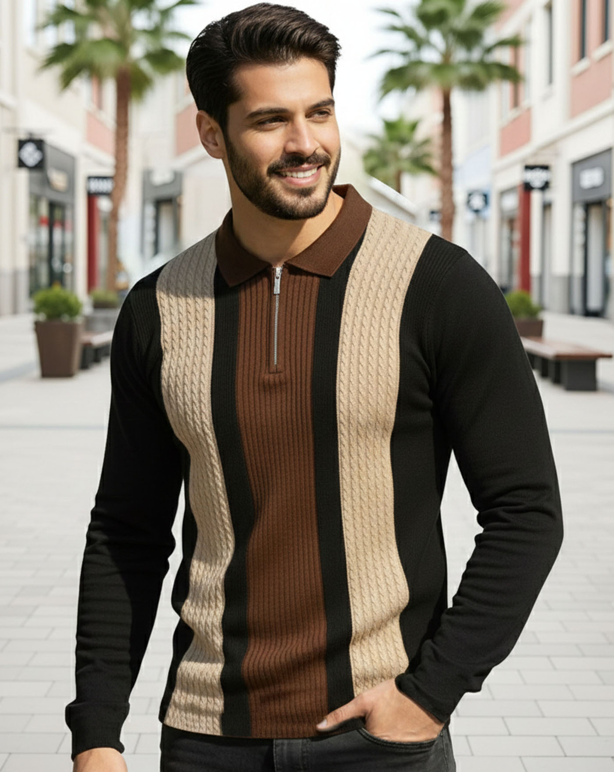 Image of AUSK Colorblock Men Zip Neck Multicolor T-Shirt