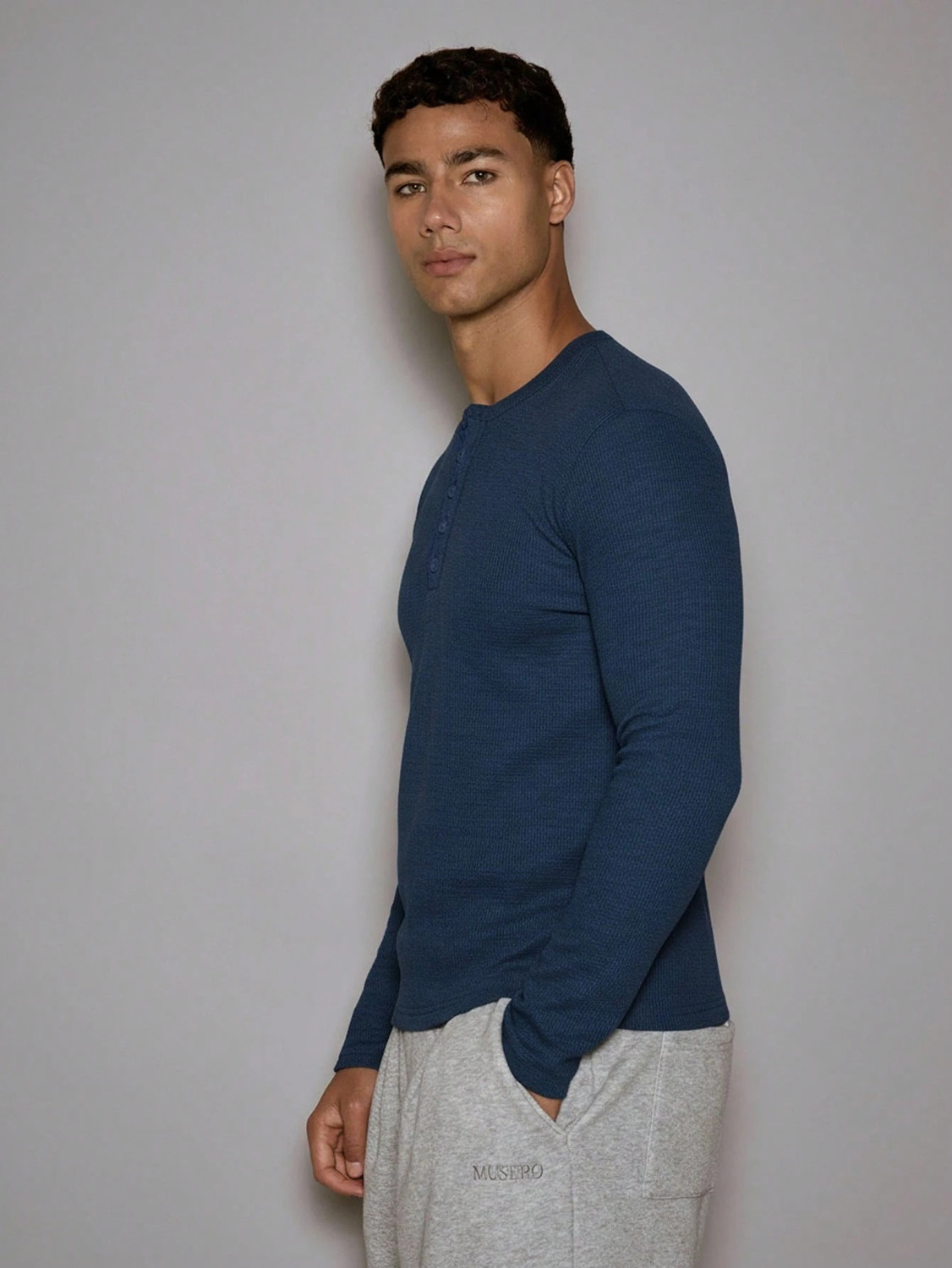 Image of The Modern Soul Solid Men Henley Neck Blue T-Shirt