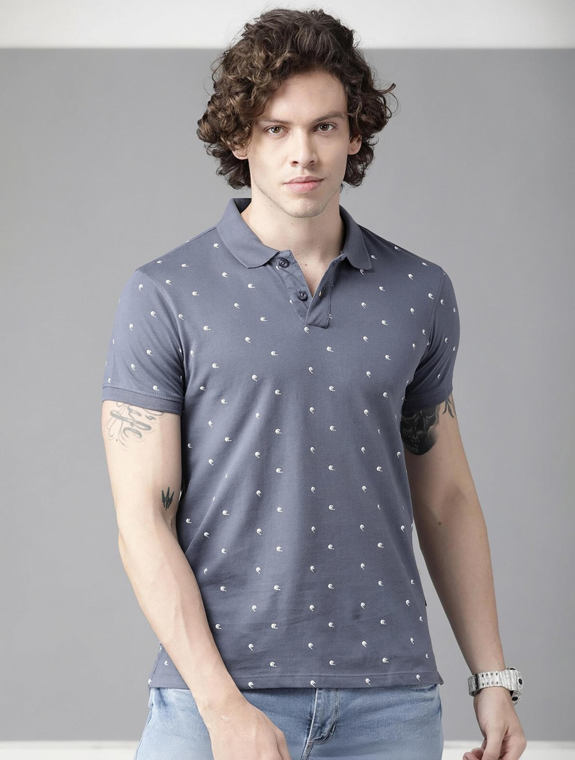 Image of Roadster Printed Men Polo Neck Grey T-Shirt
