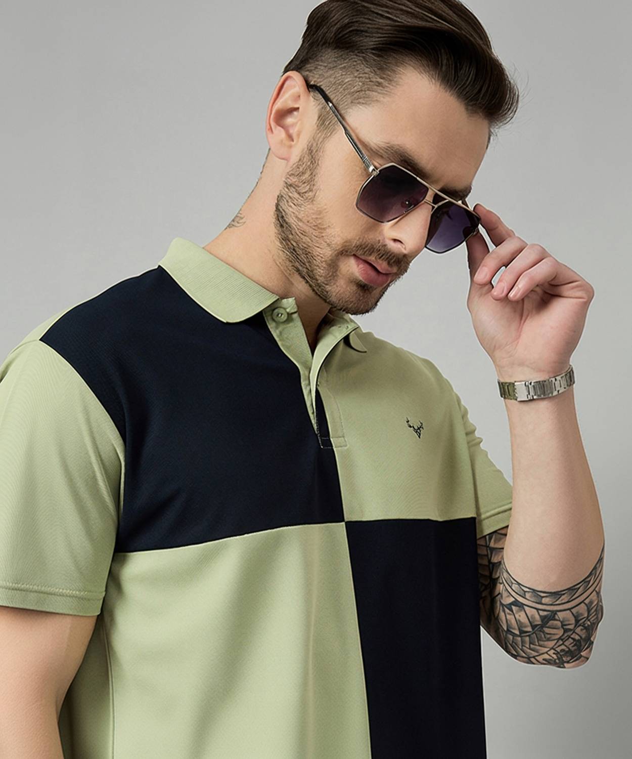 BRONATION Colorblock Men Polo Neck Light Blue T-Shirt