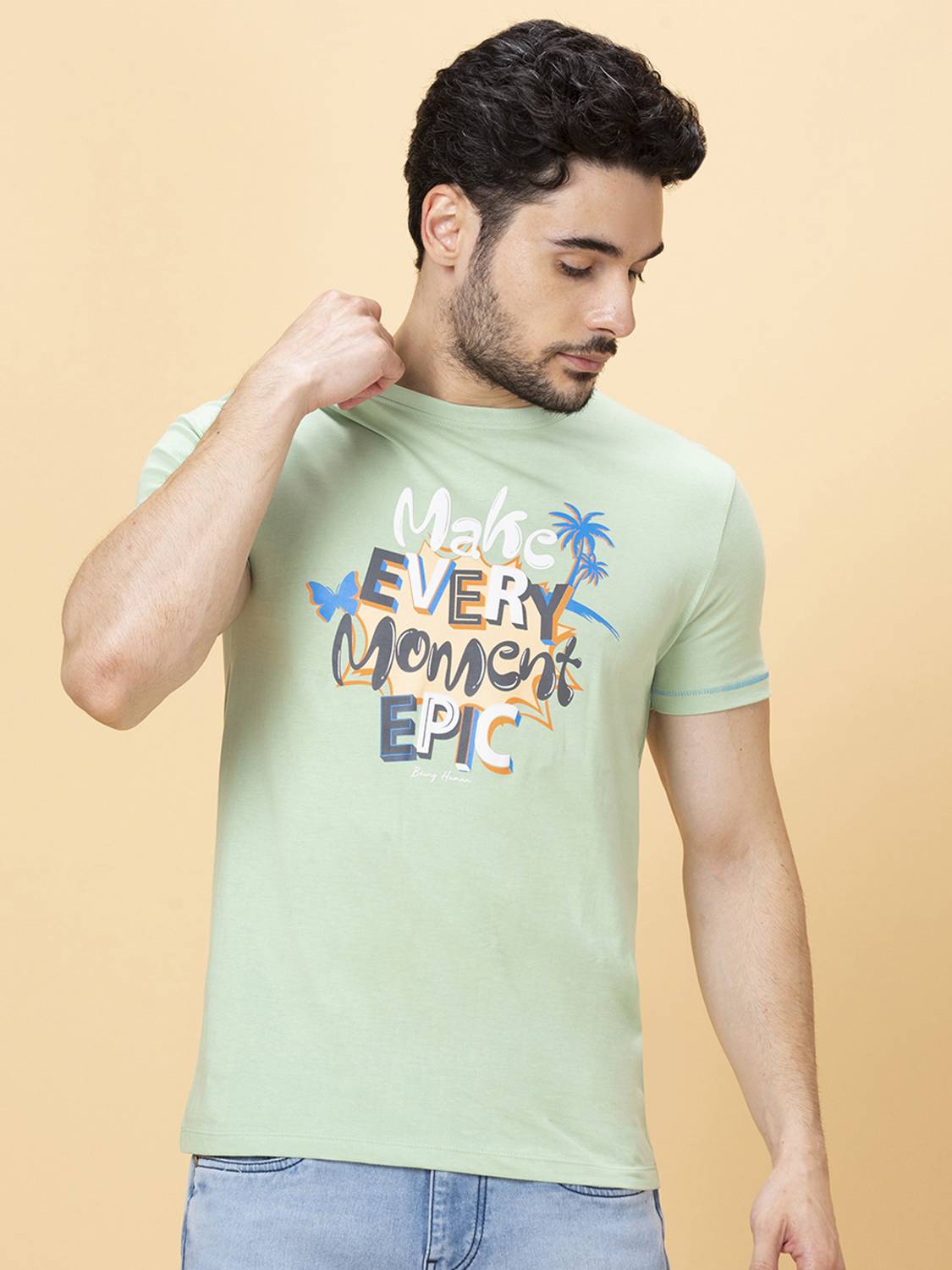 BEING HUMAN Printed Men Crew Neck Green T-Shirt