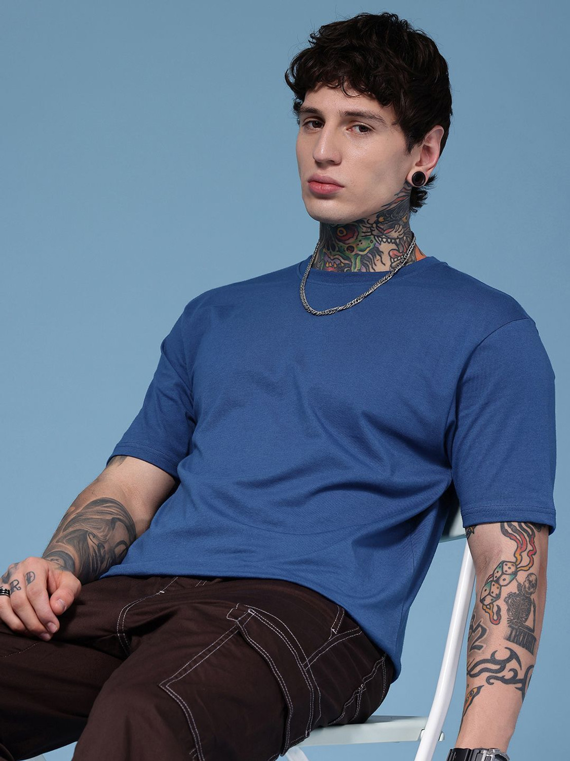 Image of HERE&NOW Solid Men Round Neck Blue T-Shirt