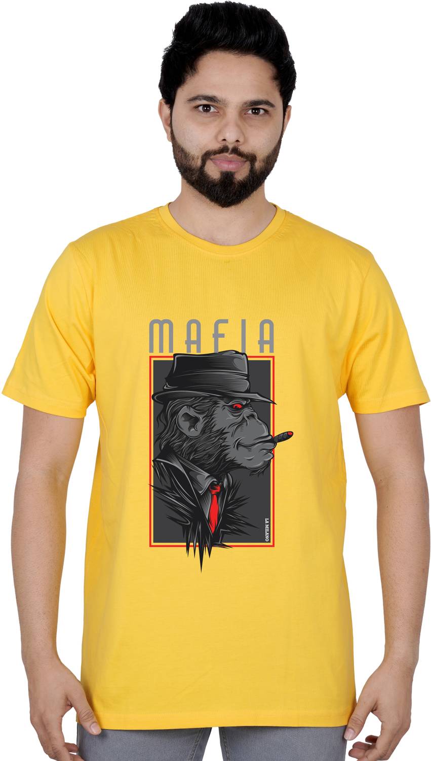 La Milano Men Graphic Print Round Neck Pure Cotton Yellow T-Shirt