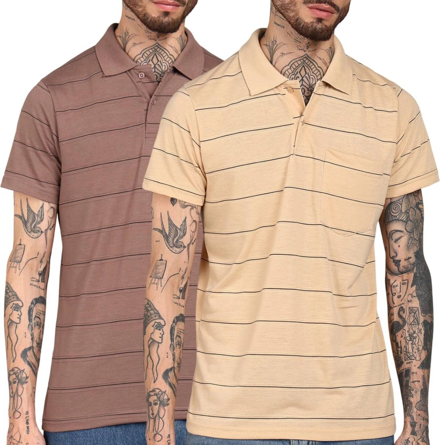 INKKR Pack of 2 Men Striped Polo Neck Cotton Blend Multicolor T-S