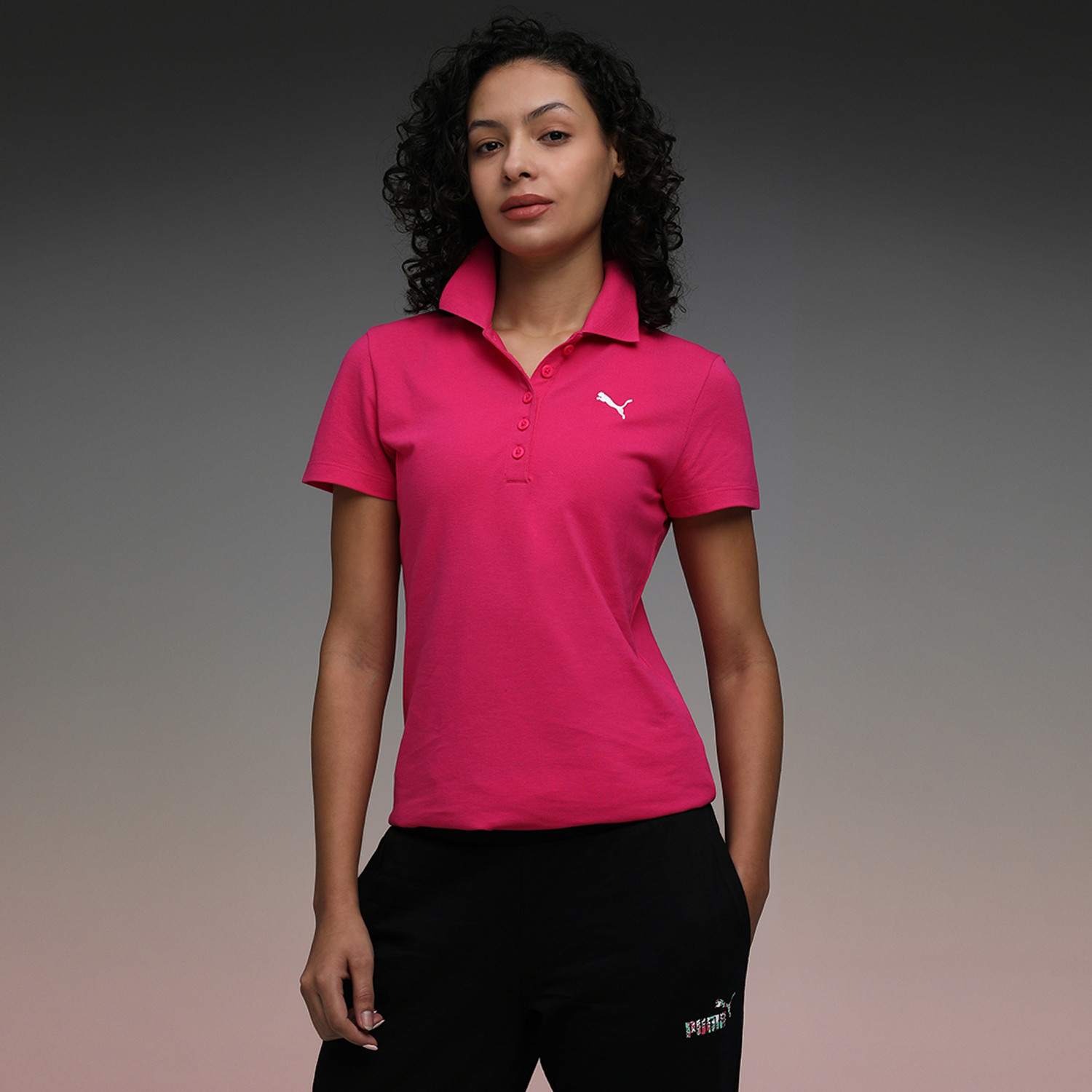 Image of PUMA Solid Women Polo Neck Pink T-Shirt