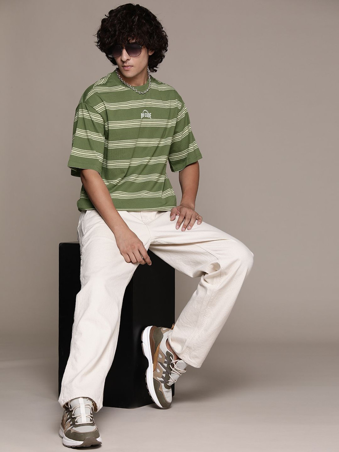 Image of Roadster Striped Men Round Neck Green T-Shirt