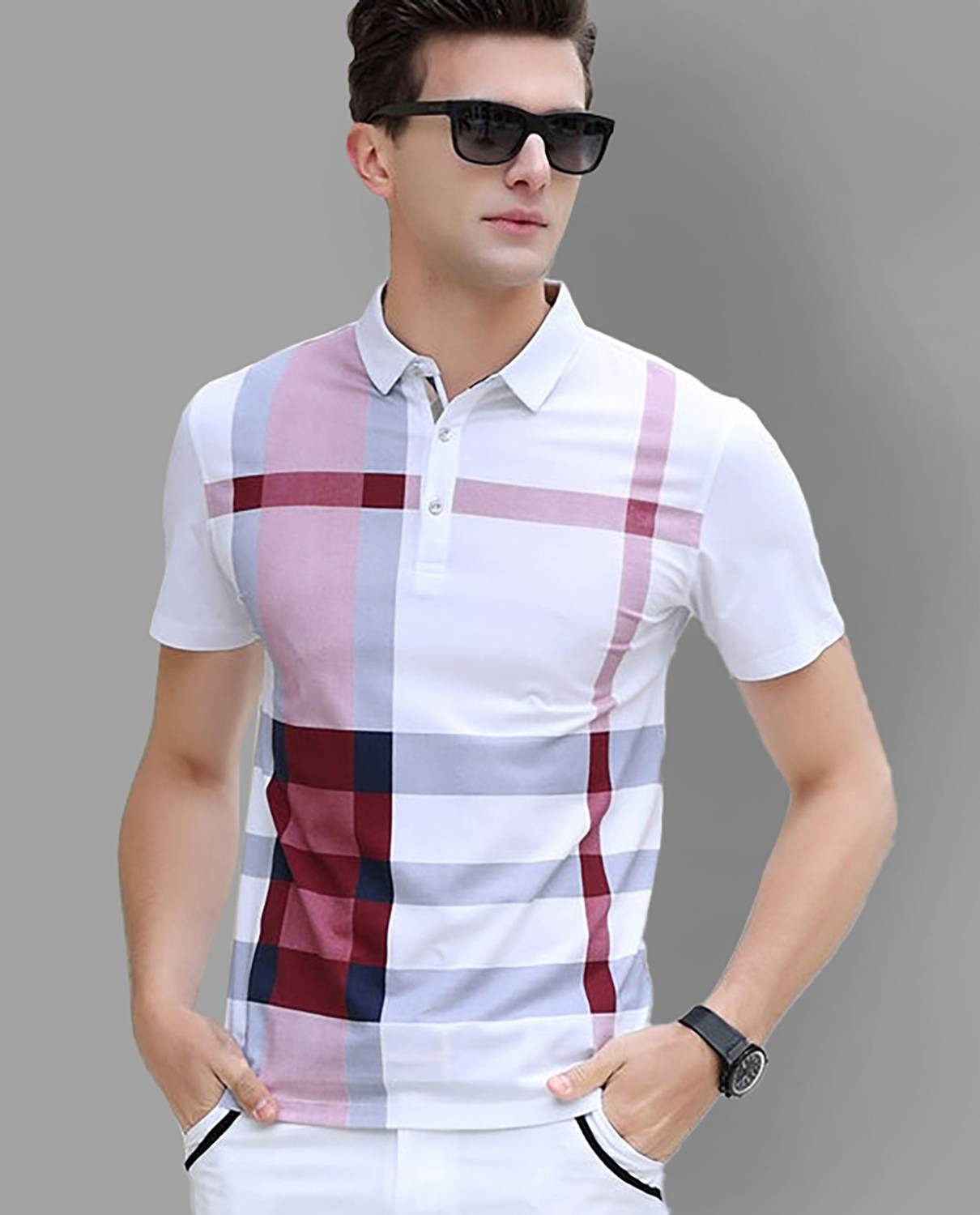 AUSK Men Striped Polo Neck Cotton Blend White, Maroon T-Shirt