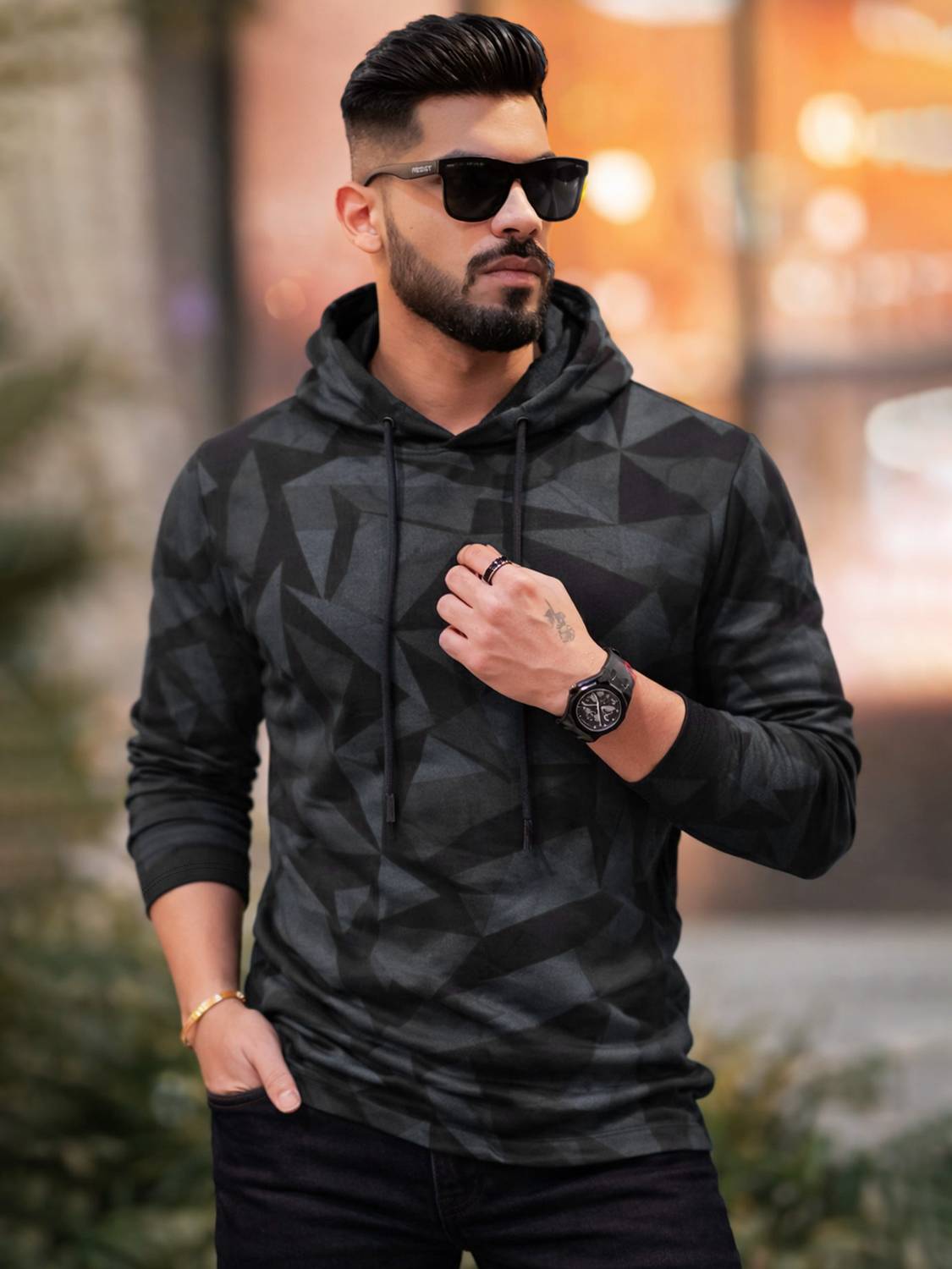 EyeBogler T410 Men Colorblock Hooded Neck Cotton Blend Black, Gre