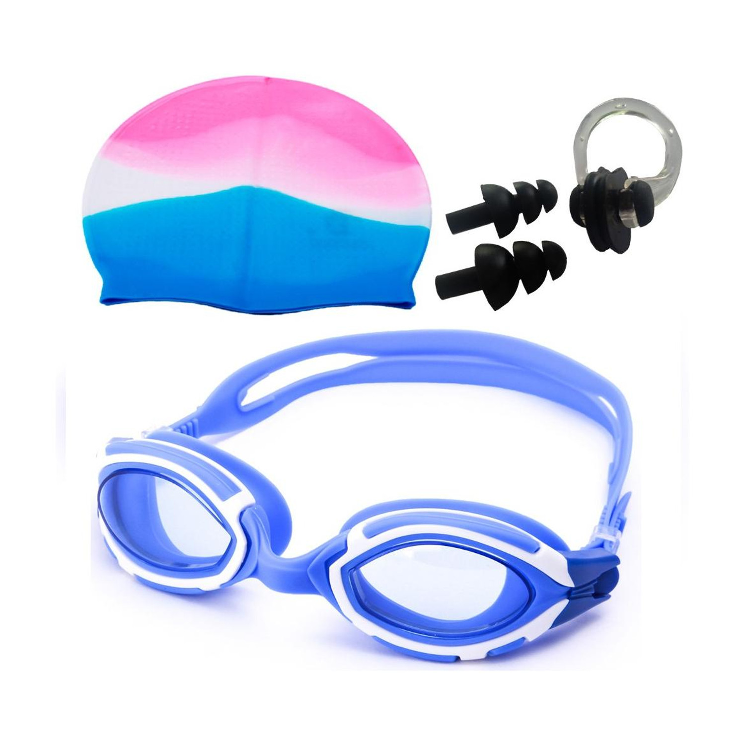 Image of NOVICZ Swimming Goggle + Cap + Ear Nose Plug Combo - Swim Glass Head Hair Protection Swimming Kit