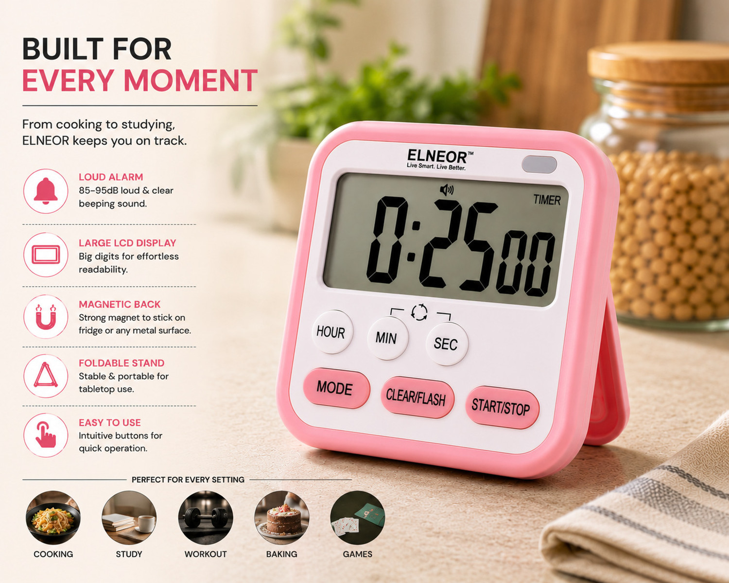 Image of ELNEOR Digital Pink Clock