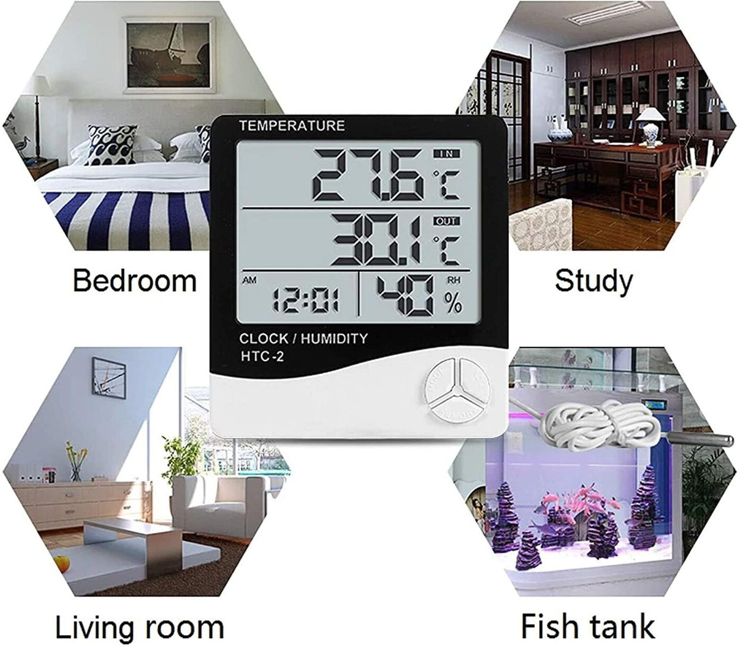 Image of gadgetschroma HTC-2 Digital Hygrometer Thermometer Humidity Meter With LCD Display Clock A24 Hydrometer