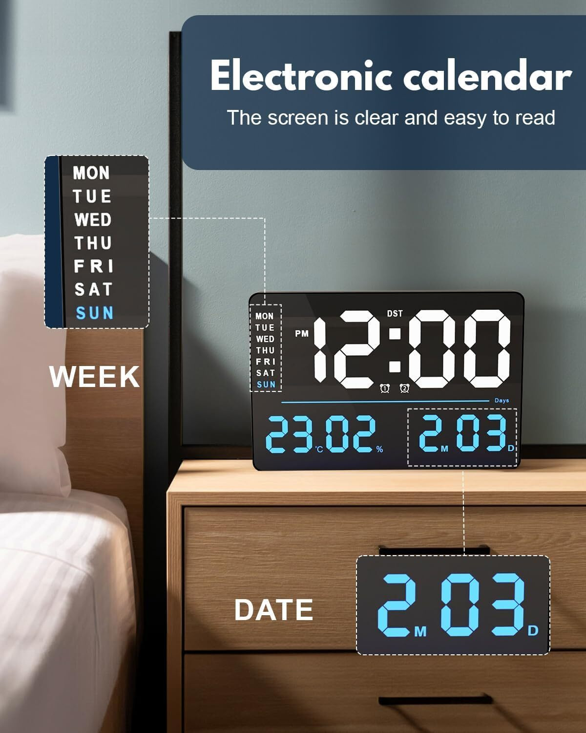 Image of AERYS Digital Wall Clock|Dual Alarm-Remote Control|Auto Dimmer|Temp&Humidity|Alarm for Home Clock