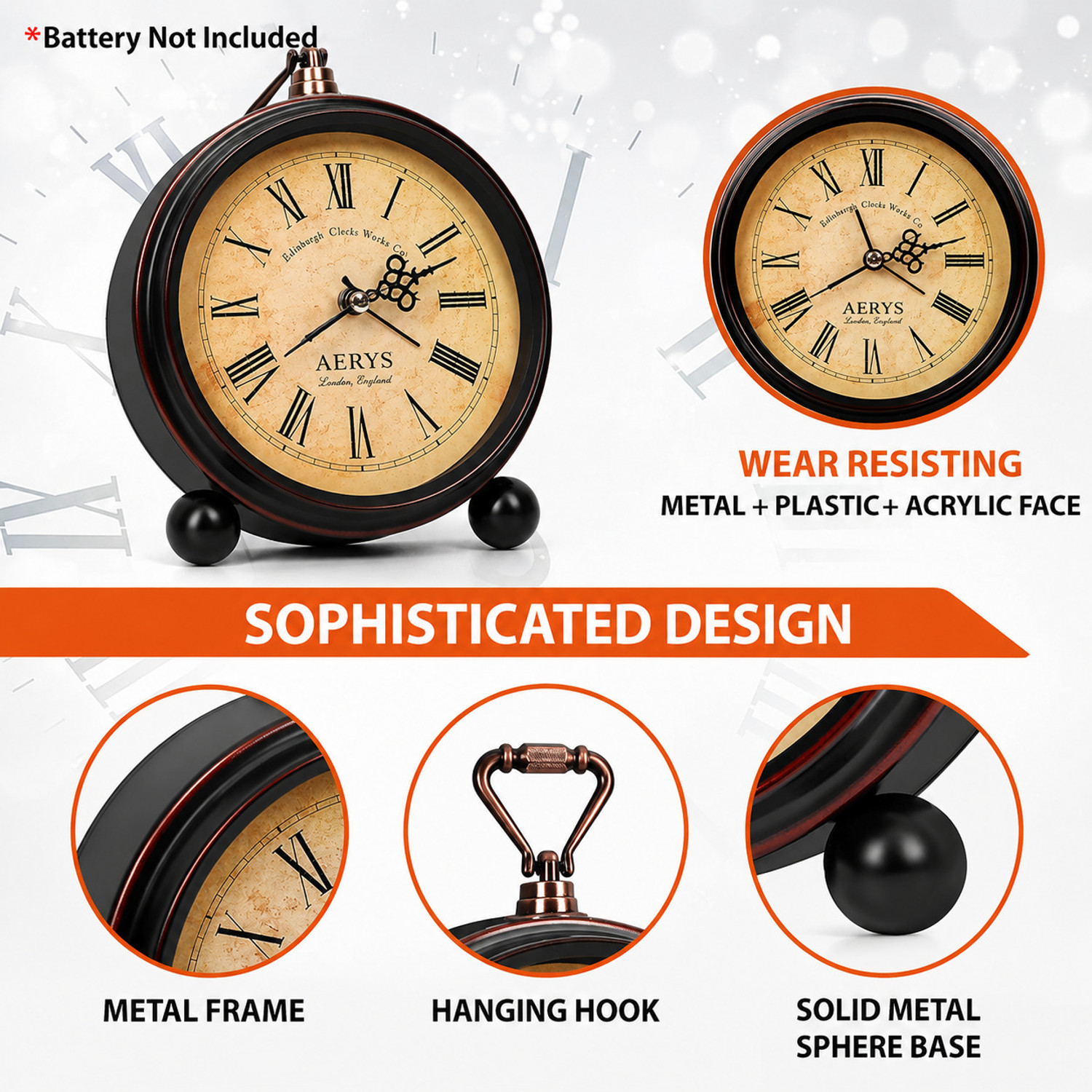 Image of AERYS Analog Roman Vintage Metal Frame Alarm Clock with Night Backlight Alarm Clock Clock