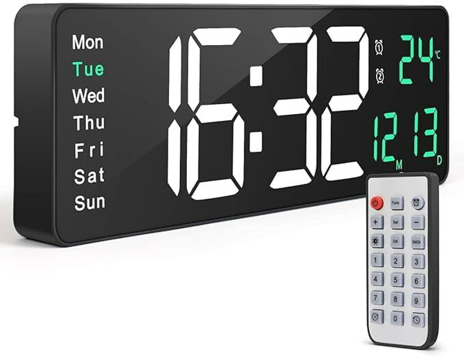 AADGEX Digital Wall Clock White Green with LED Display,Remote Control Clock