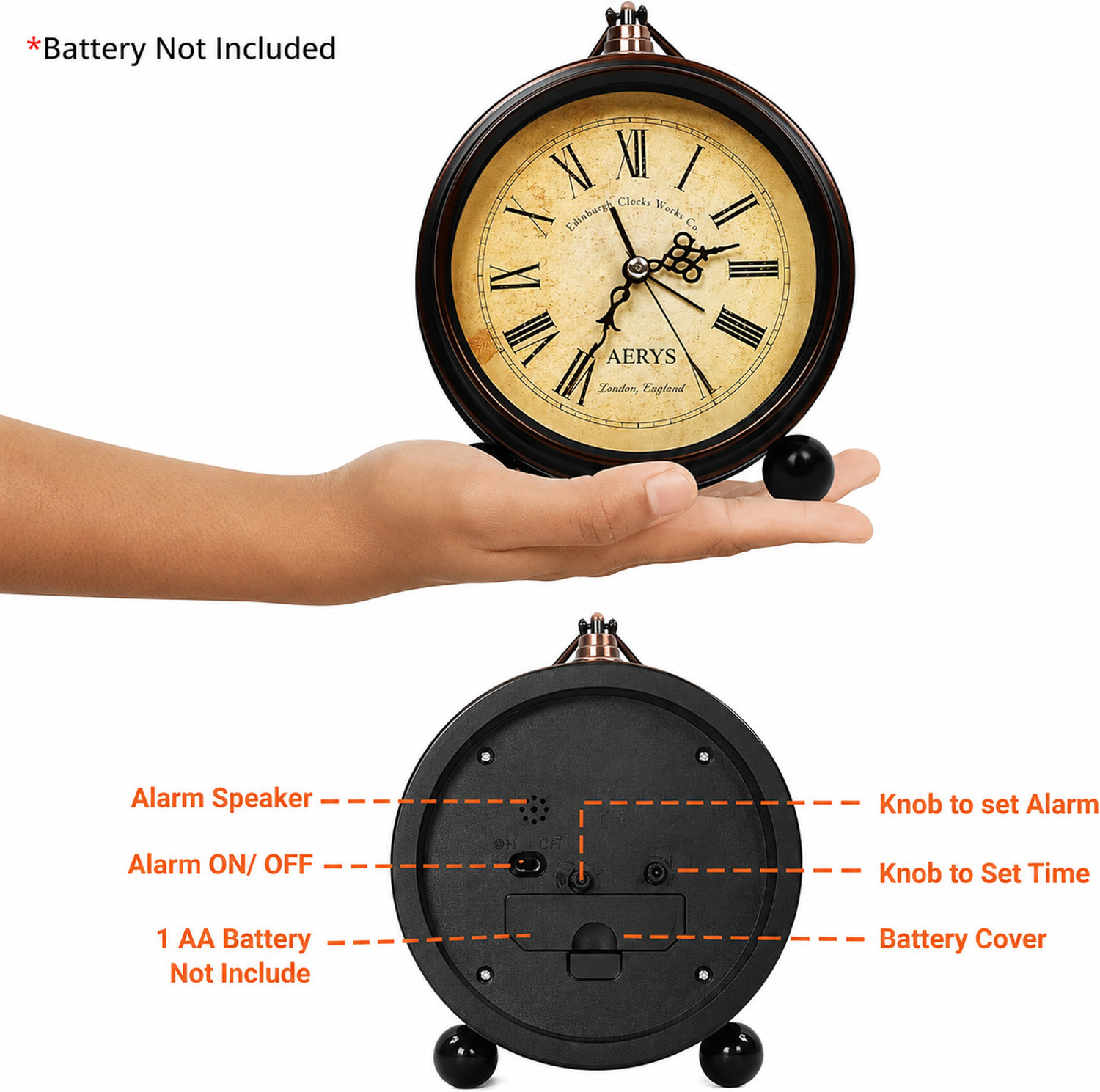 Image of AERYS Analog Roman Vintage Metal Frame Alarm Clock with Night Backlight Alarm Clock Clock