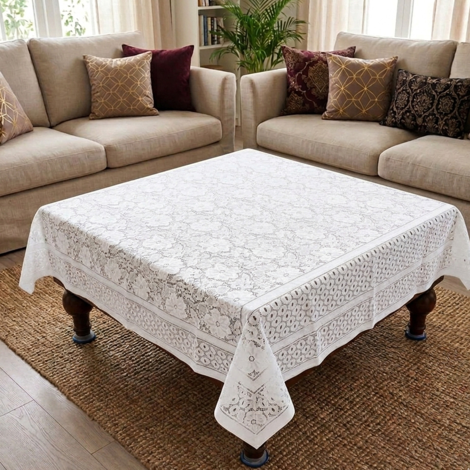Image of kvc Cotton, Polyester, Silk 2 Seater Floral, Fleur-de-lis Table Cover