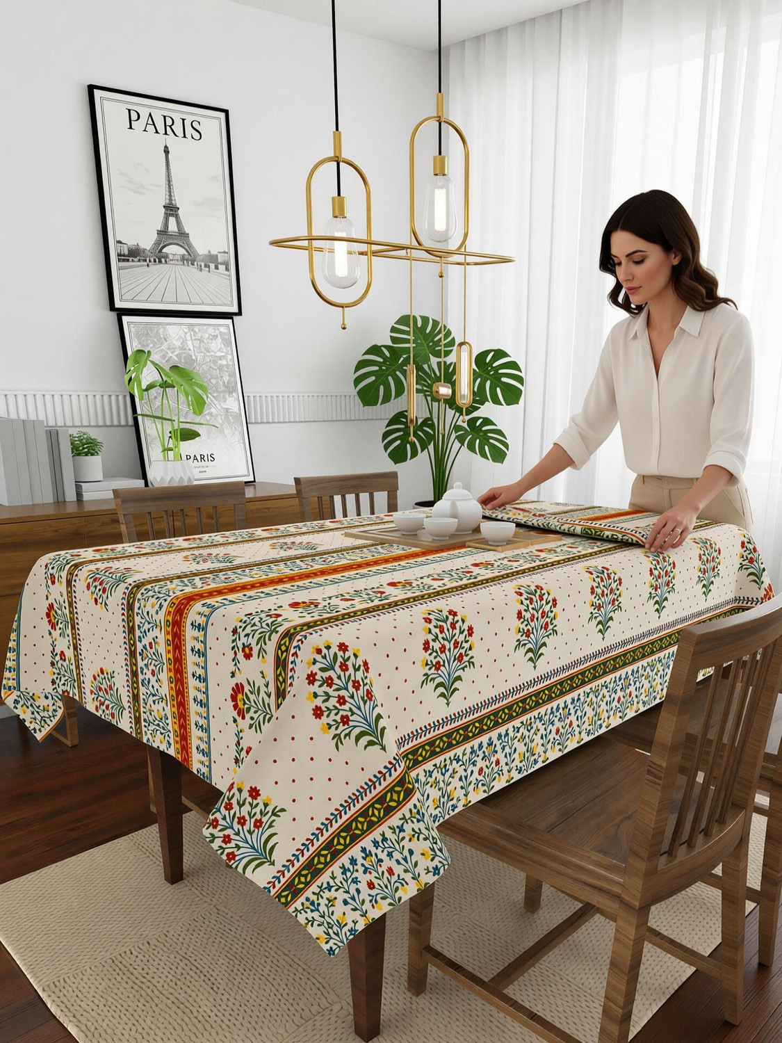 Image of HappyKraft Polyester, Cotton 4 Seater Printed Table Cover