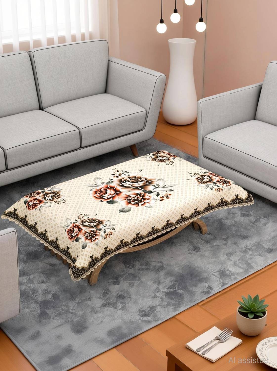 AstralAura Velvet 4 Seater Floral Table Cover