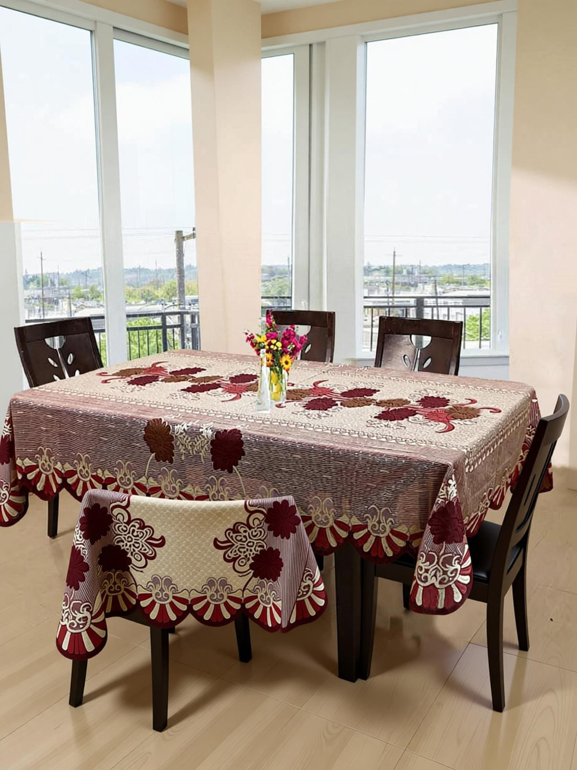 Image of Flavio Interiors Polyester 6 Seater Floral Table Cover (Multicolor)