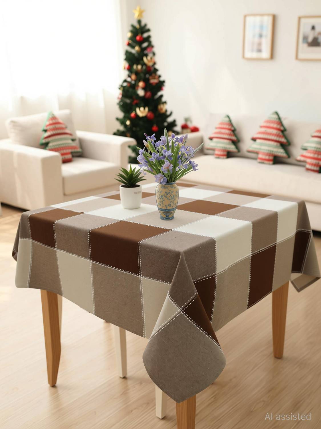 AIRWILL Cotton 2 Seater Checkered Table Cover