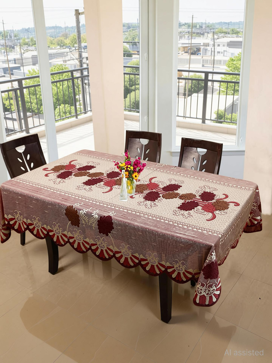 Image of Flavio Interiors Polyester 6 Seater Floral Table Cover (Multicolor)