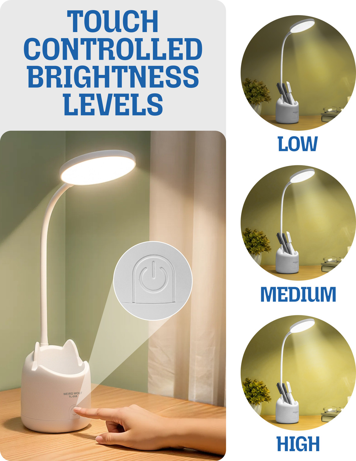 Image of WEIRD WOLF 3 Color Mode Rechargeable Study Lamp for Home, Adjustable Brightness Study Lamp
