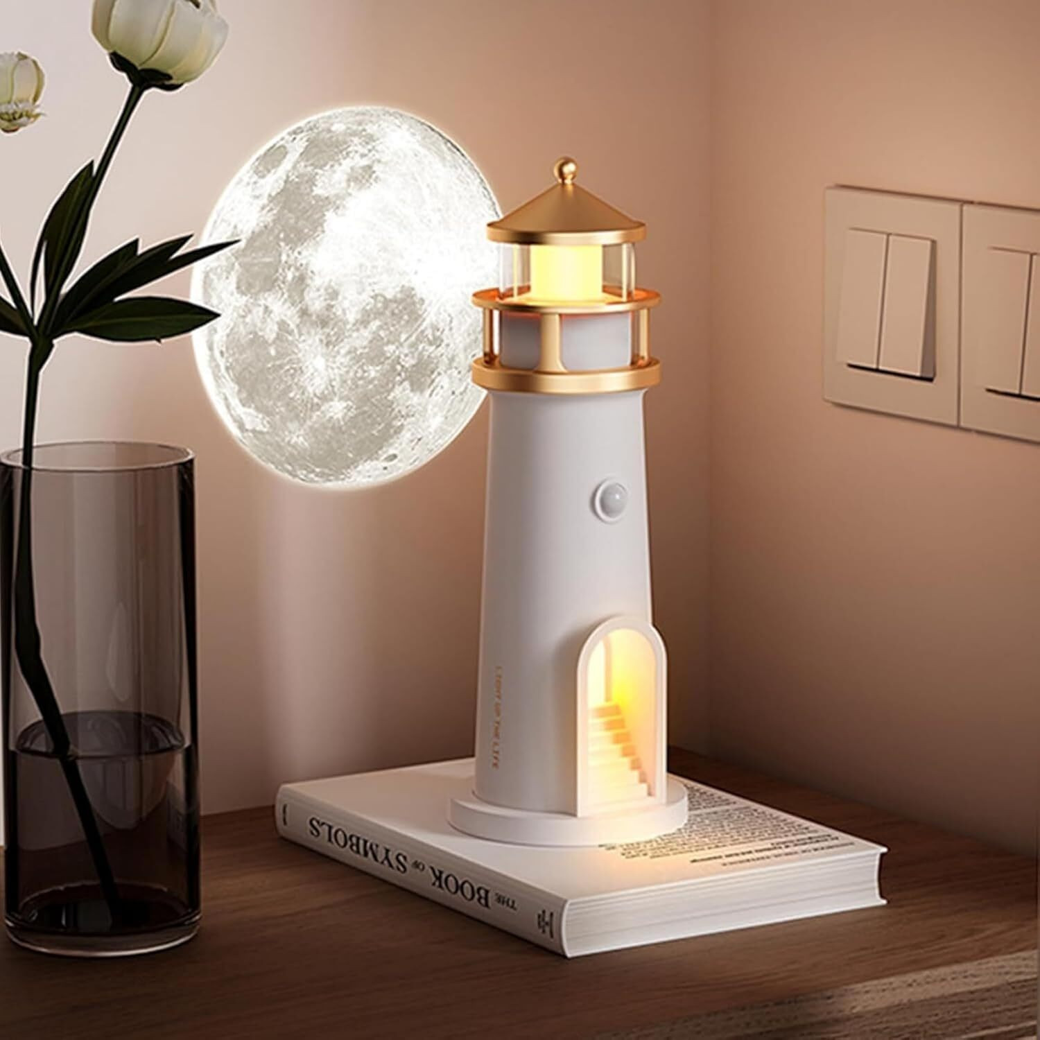Image of NAIRO Lighthouse Night Light | USB Charging | Moon Projection Lamp for Room Decor,Gift Table Lamp