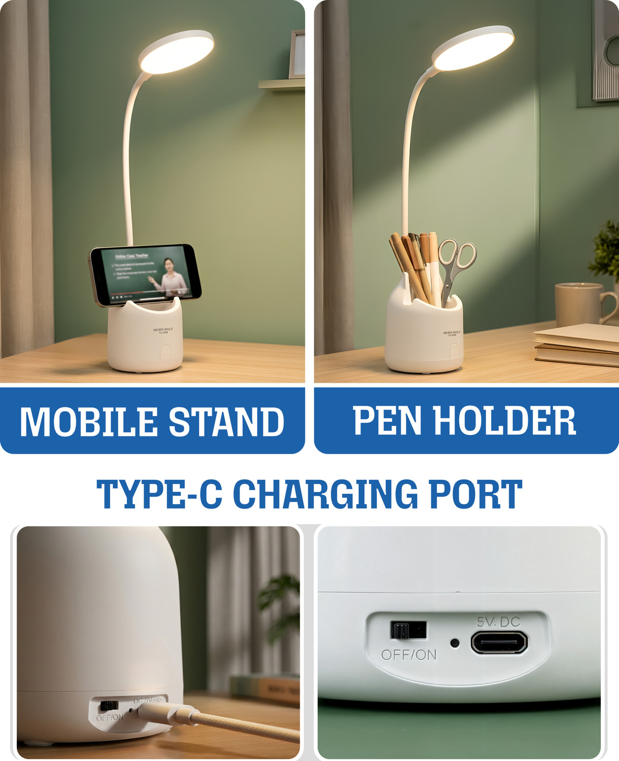 Image of WEIRD WOLF 3 Color Mode Rechargeable Study Lamp for Home, Adjustable Brightness Study Lamp