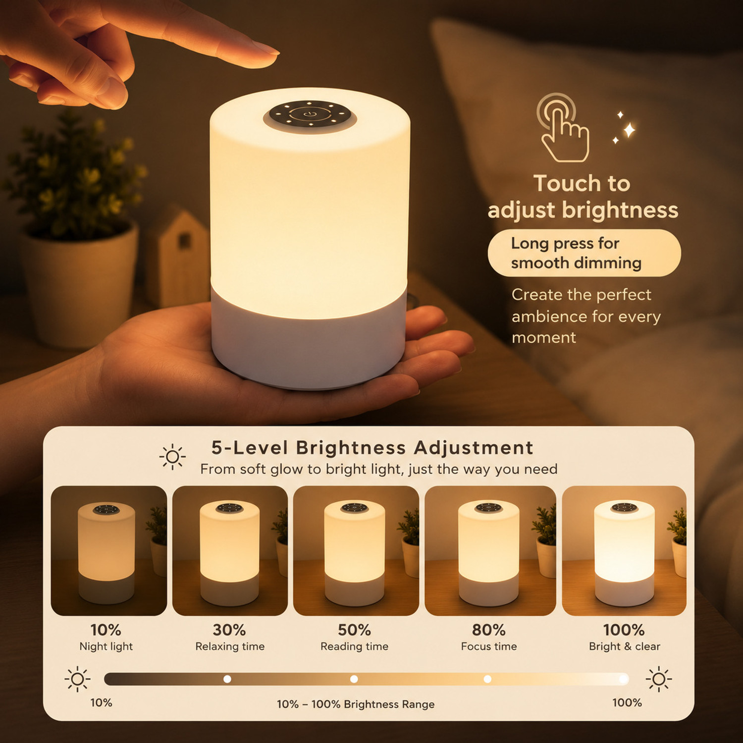 Image of Trust Ware Touch Control LED Night Lamp - 3 Color Modes Adjustable Brightness, Rechargeable Night Lamp