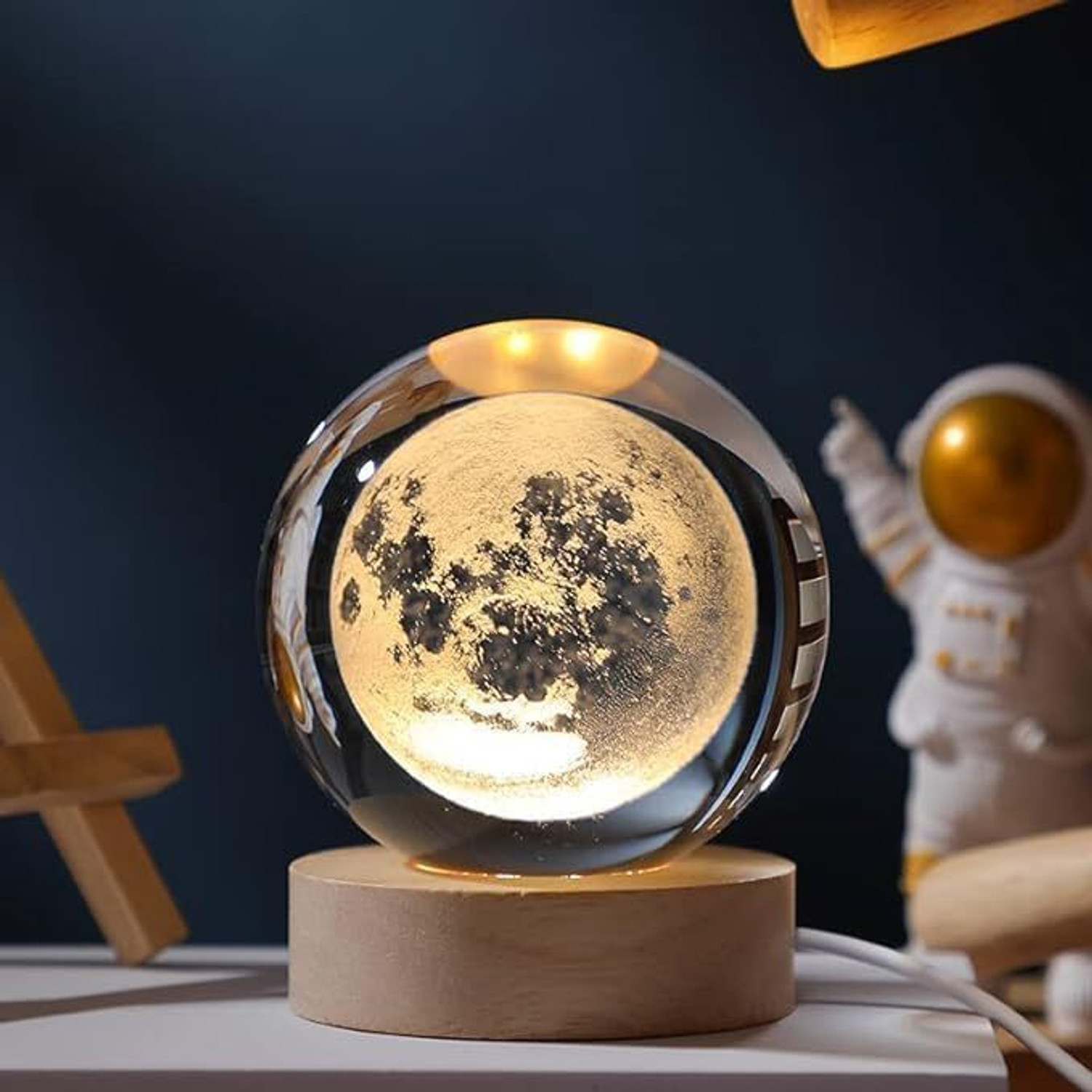 Image of FEBLICH 3D Crystal Ball Led Lamp With Wooden Base - Decorative Light For Home Gift Night Lamp
