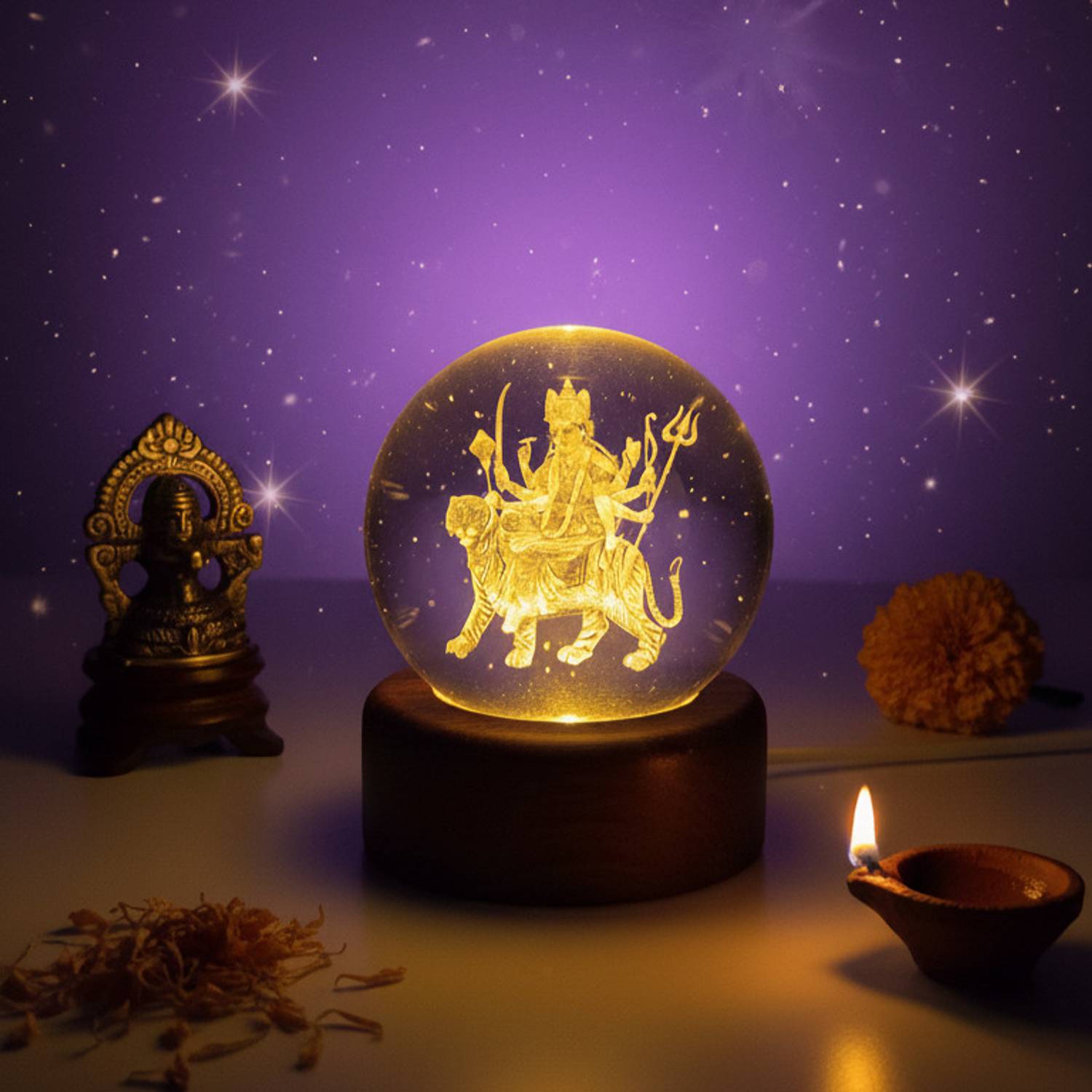 Aipom 3D Crystal LED Durga Mata Lamp on Tiger | Gift for Navratri, Diwali & Decoration Night Lamp