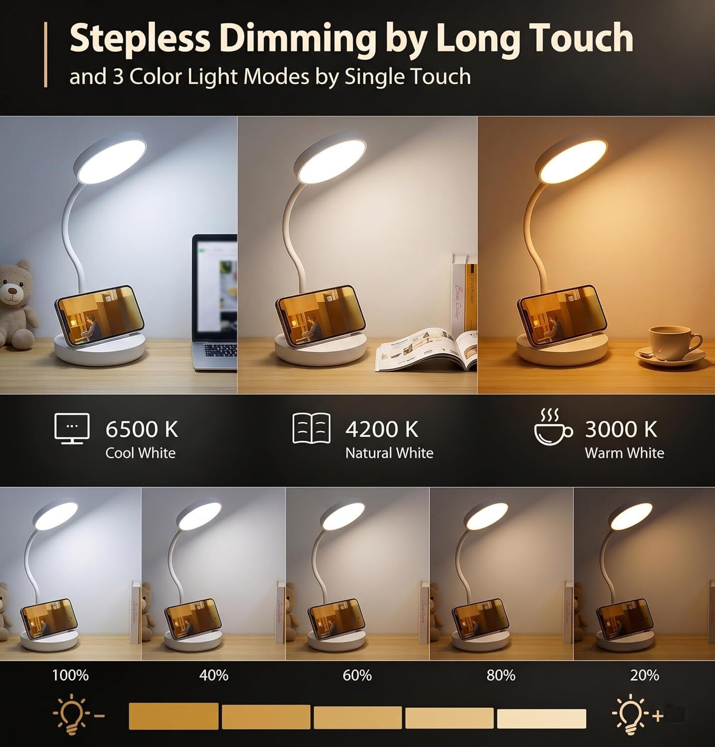 Image of ecoosoft Study Lamp Touch Sensor On-Off Desk Lamp USB Rechargeable 3 Light Modes Table Lamp