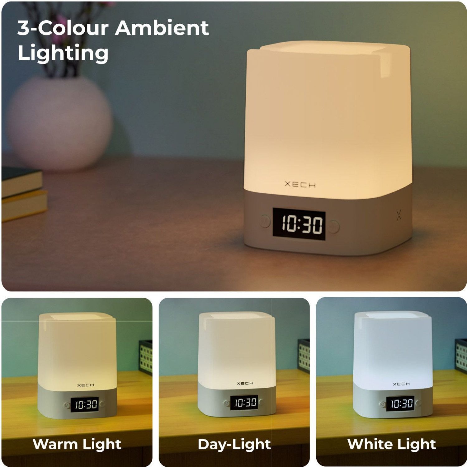 Image of xech Rechargeable Desk lamp Digital Clock 3 Color Tones & Mobile Holder NOVADIGITAL Night Lamp