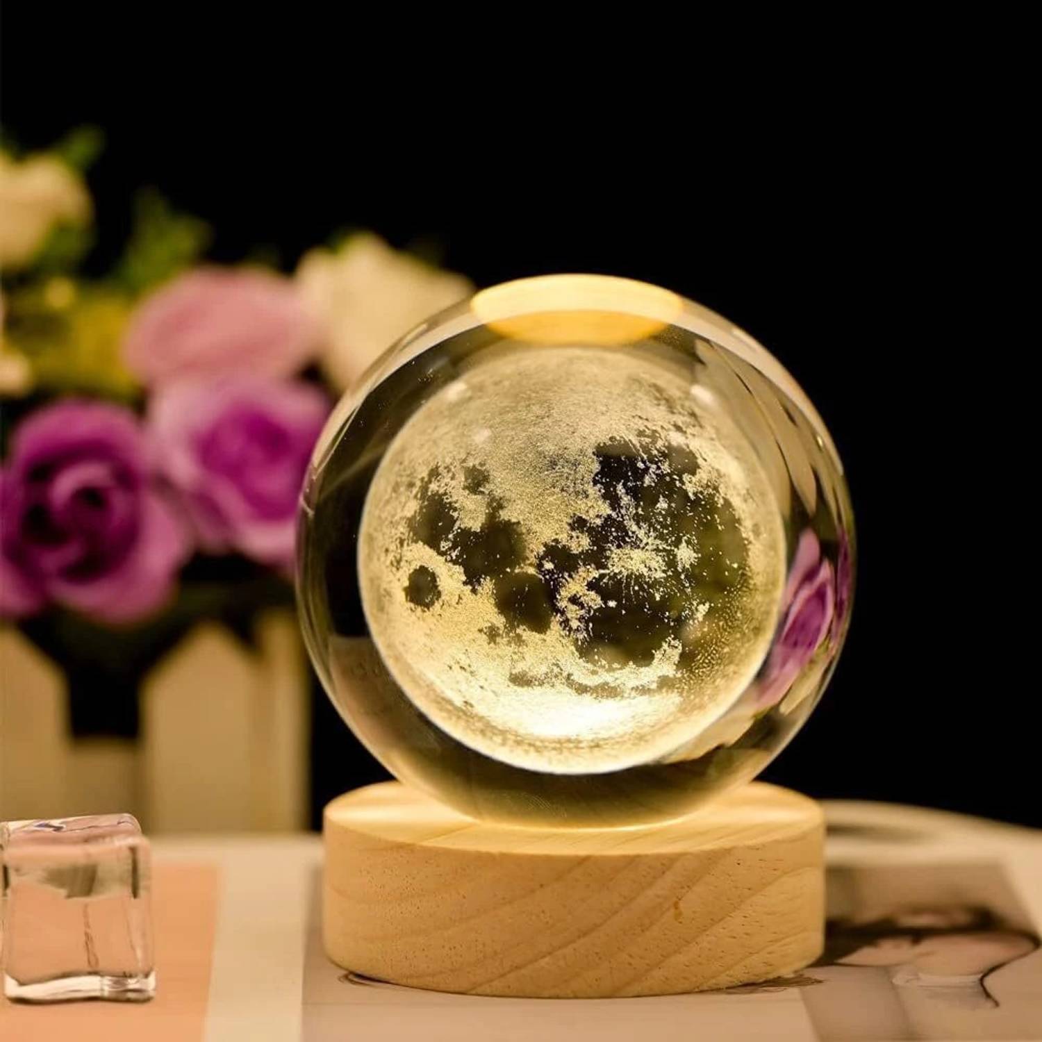 SHOPOGENIX 3D Moon Crystal Ball Night Light,2.4 inch Glass Ball N