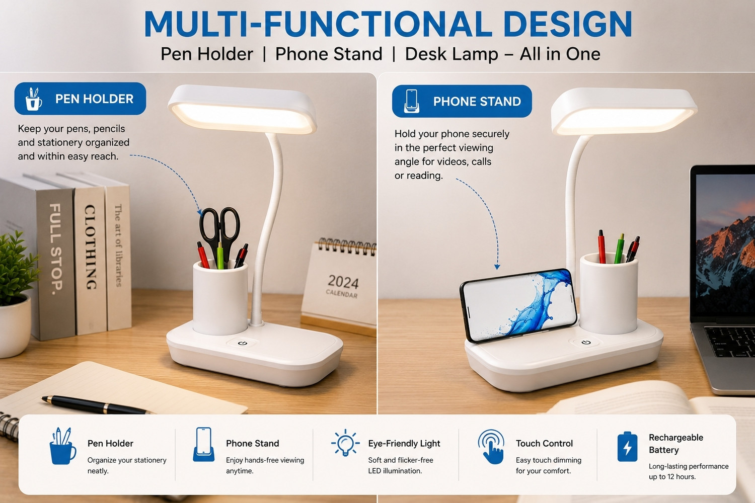 Image of Osring VELORANEST Rechargeable 3 Color Mode, LED Table /Study Lamp White Study Lamp