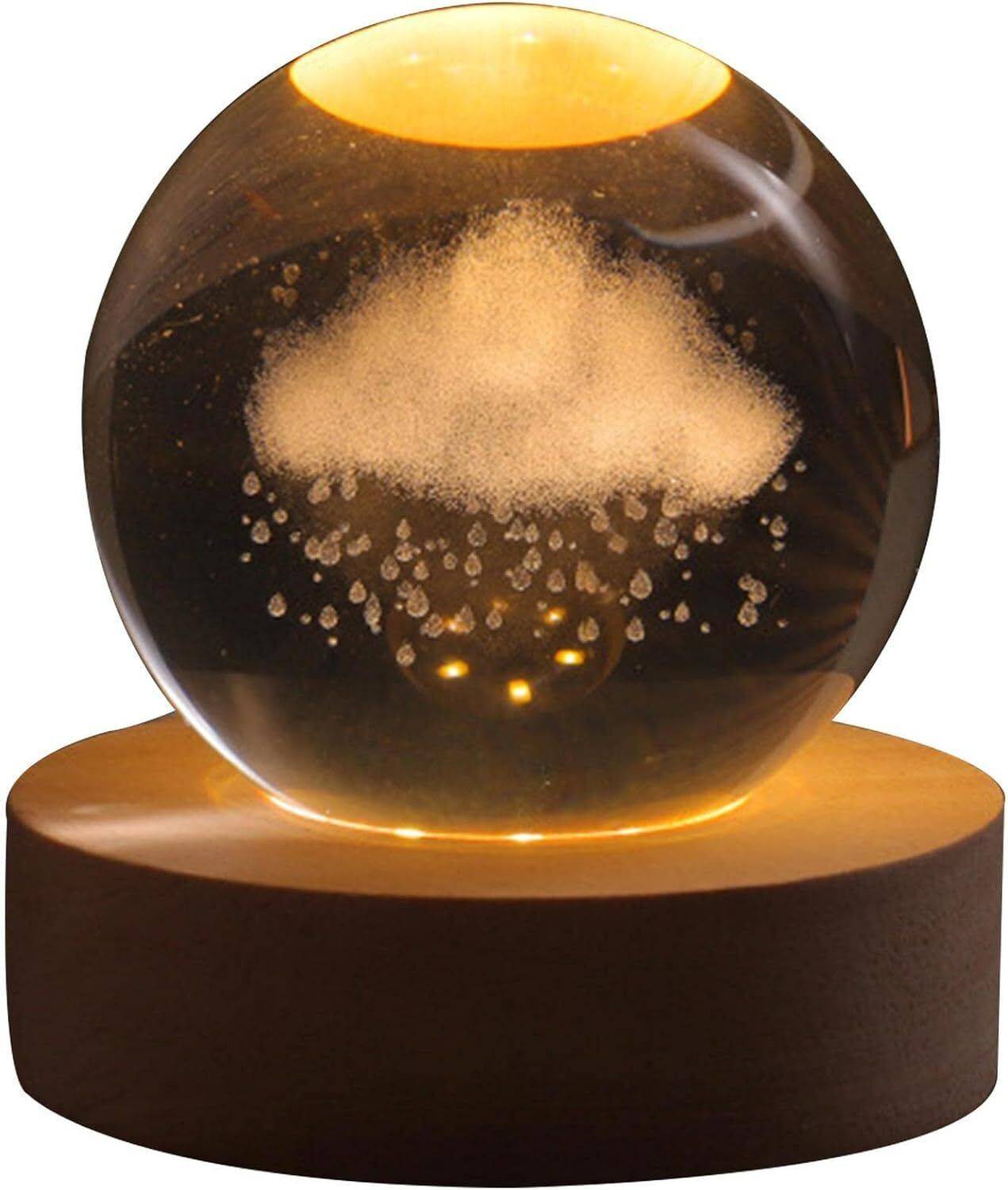 carempire 3D Crystal Ball Rain Cloud Galaxy Night Light with Wood