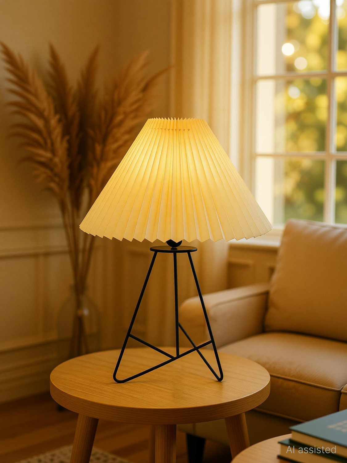 Image of Glowhere Retro Wire Base Table Lamp, Pleated Off-White Shade for Bedroom & Living Room Table Lamp