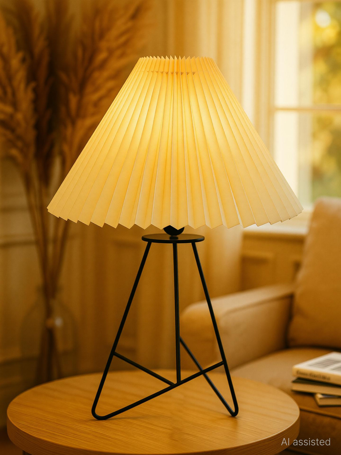 Image of Glowhere Retro Wire Base Table Lamp, Pleated Off-White Shade for Bedroom & Living Room Table Lamp