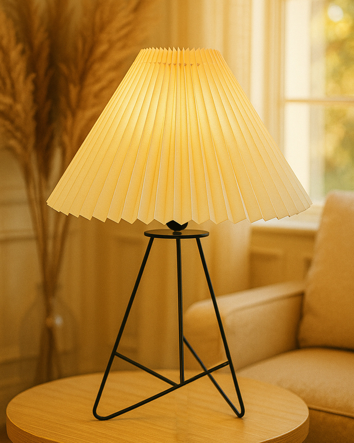Image of Glowhere Retro Wire Base Table Lamp, Pleated Off-White Shade for Bedroom & Living Room Table Lamp