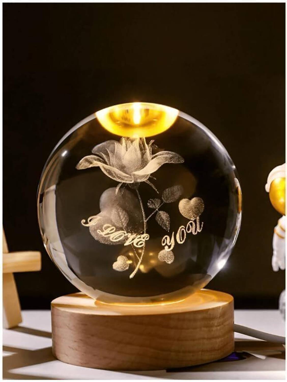 PESCA 3D Love Rose Crystal Ball Lamp,2.4 inch Glass Ball with Led