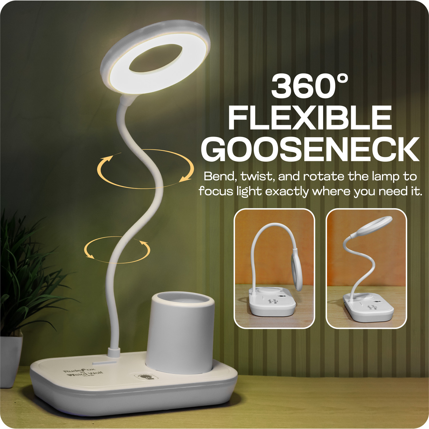 Image of WEIRD WOLF 3 Colour Mode Type- C Rechargeable Table Lamp for Study, Flexible Gooseneck LED Table Lamp