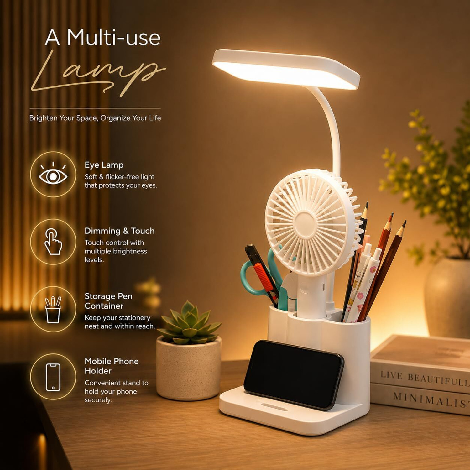 Image of Hokiit Rechargeable LED Study Lamp with Pen Stand & Mobile Holder Study Lamp