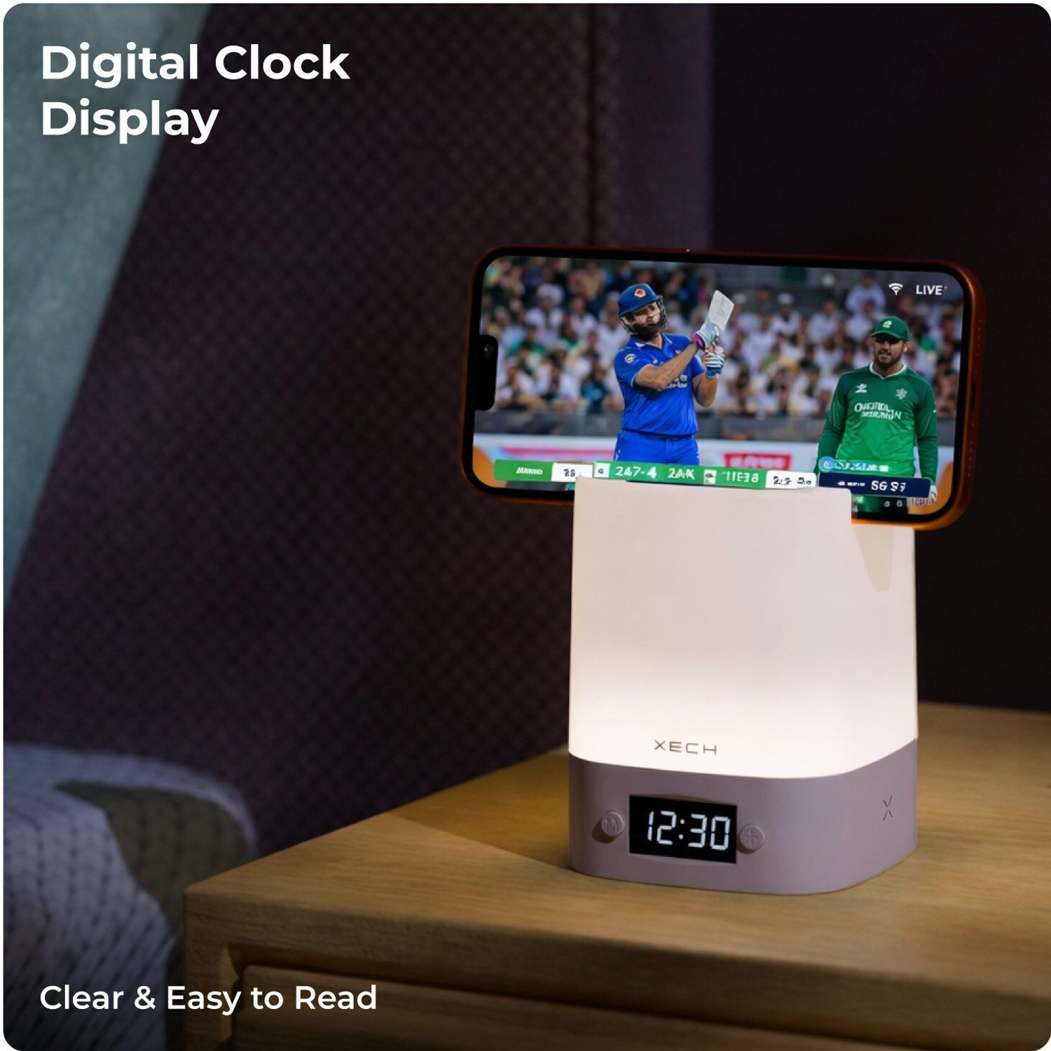 Image of xech Rechargeable Desk lamp Digital Clock 3 Color Tones & Mobile Holder NOVADIGITAL Night Lamp