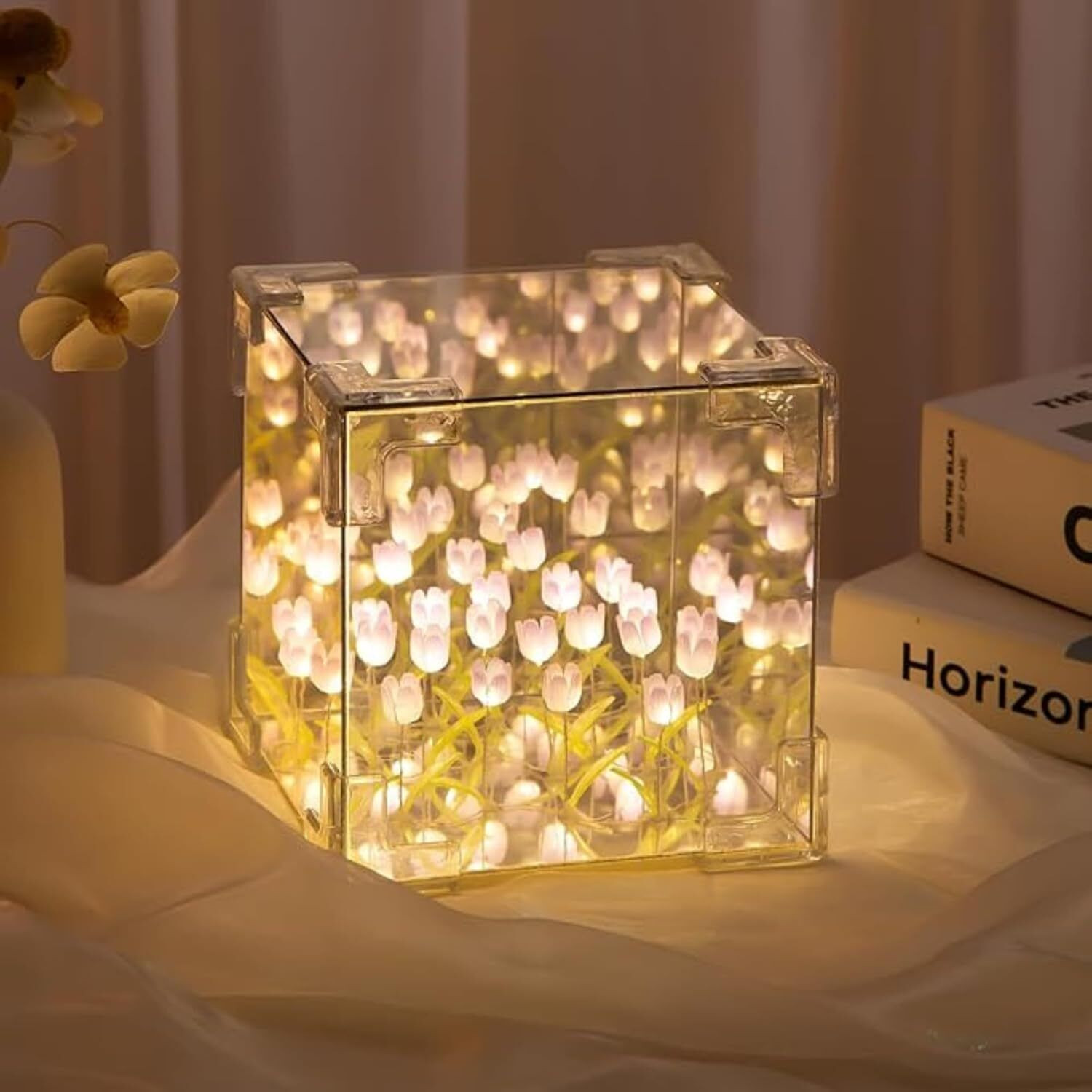 Image of Estervig Tulip Cube Mirror Lamp DIY Kit 20 LED Flower Lights, Infinity Mirror Table Lamp Night Lamp