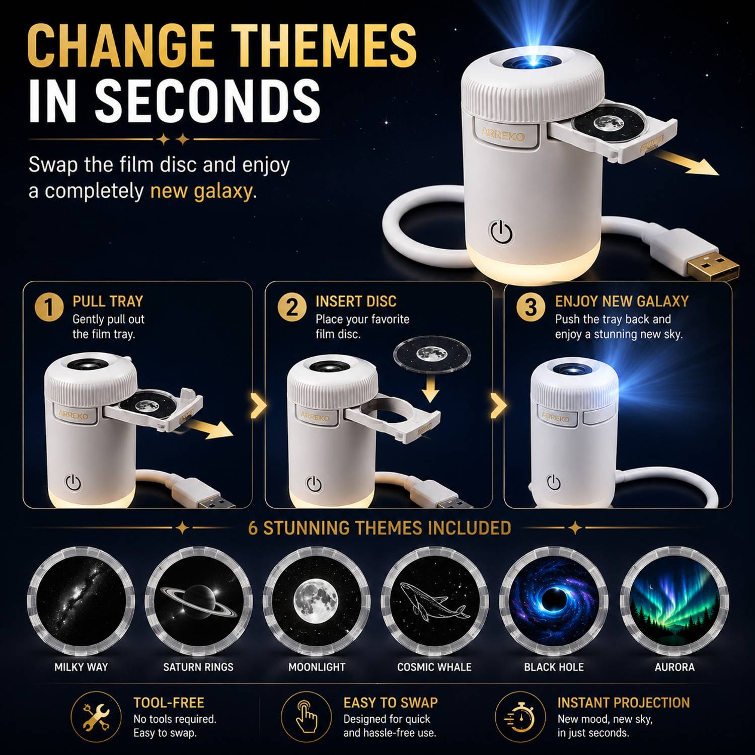 WrapWall Rotating Galaxy Projector with Night Light - Image 4