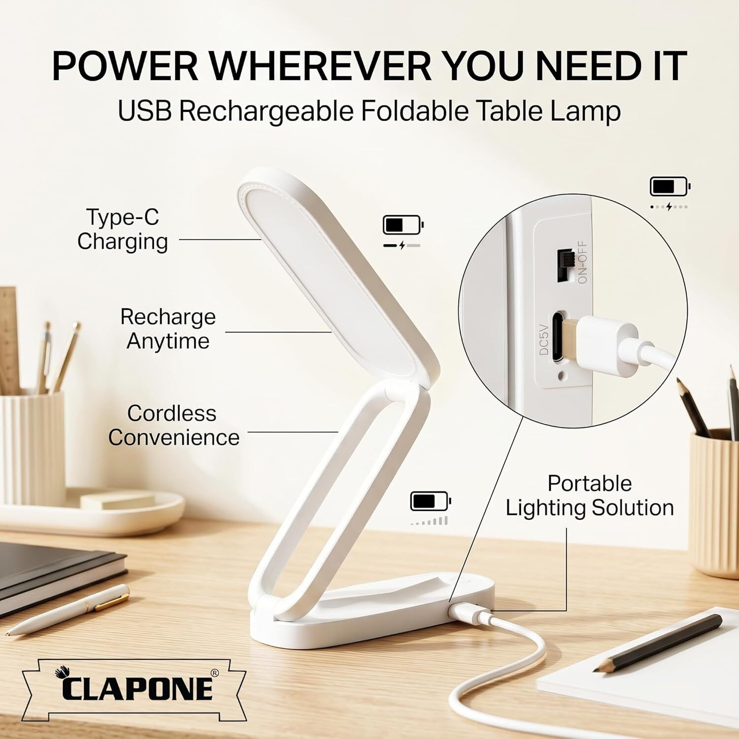 Image of CLPONE LED Desk Lamp Rechargeable Foldable for Study 3 Brightness Touch Control Study Lamp