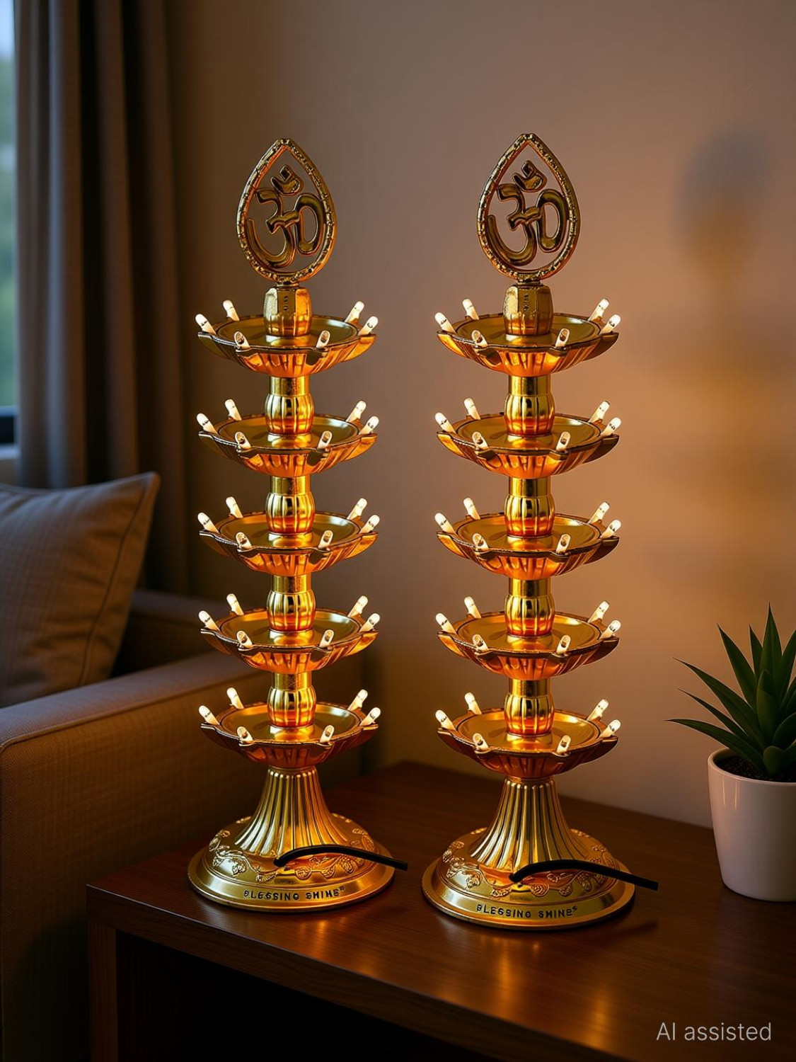 Image of FYUGO Golden OM Design Led Electric Diya Light(PACK OF 2) for Temple(LAYER 5) Table Lamp