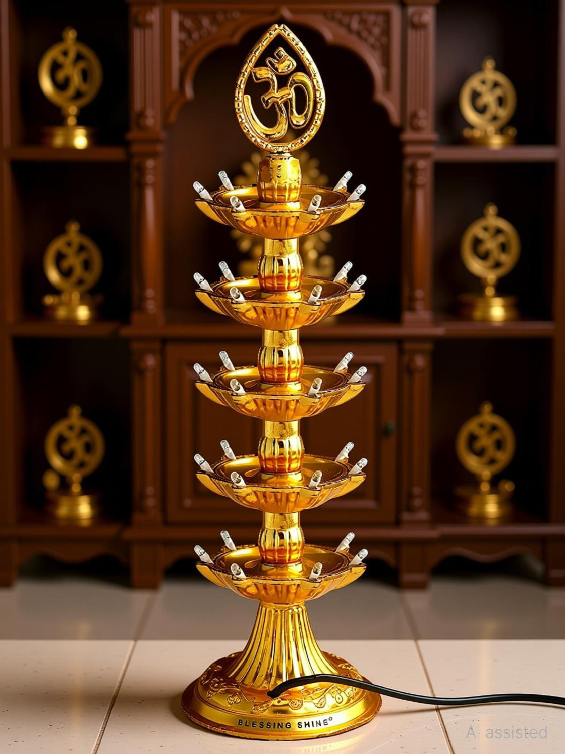 Image of FYUGO Golden OM Design Led Electric Diya Light(PACK OF 2) for Temple(LAYER 5) Table Lamp